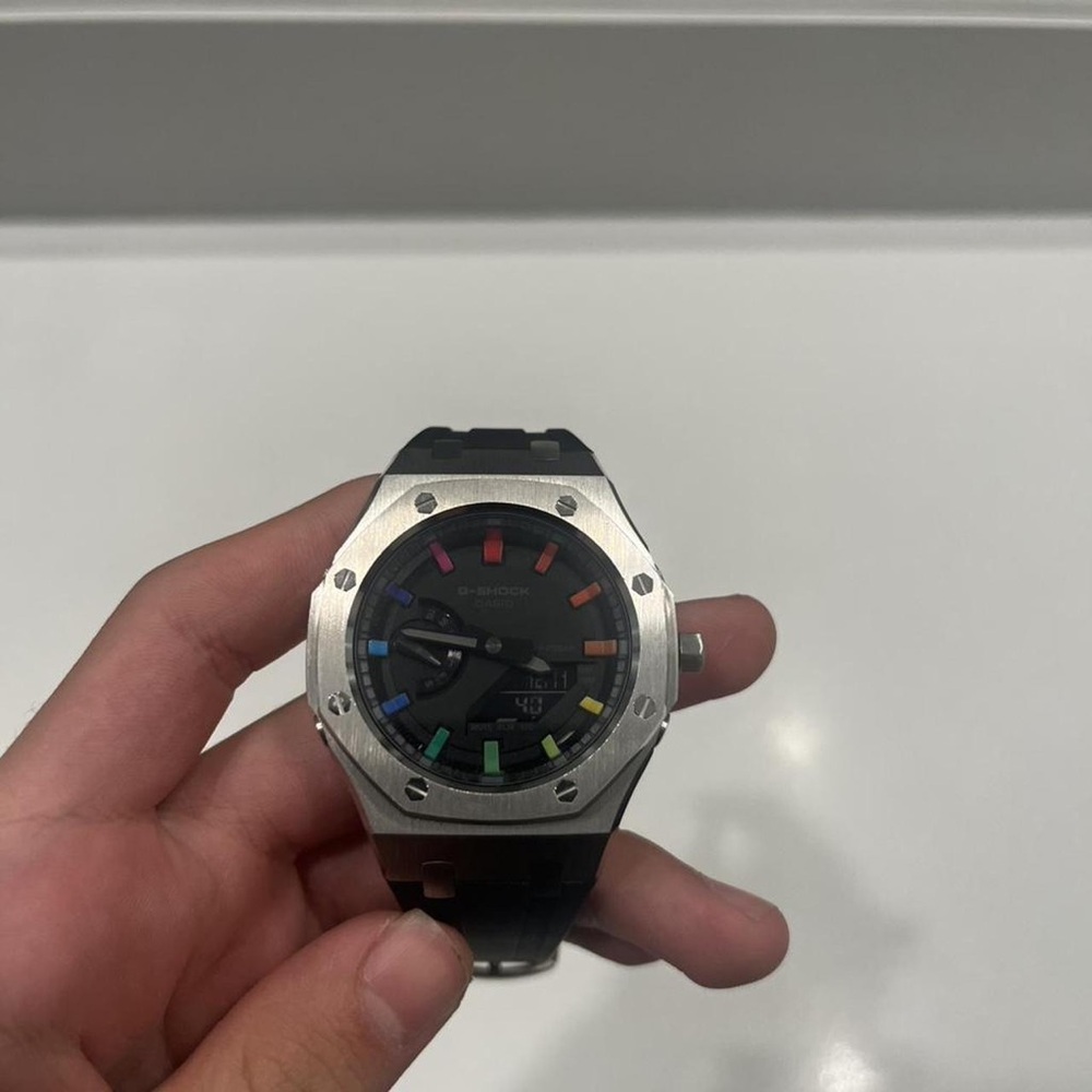 G-Shock Silver and Black Smartwatch with Rainbow Accents
